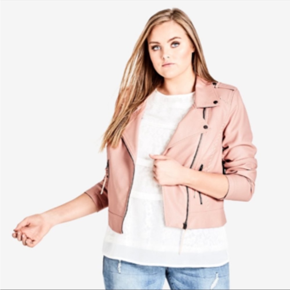 City Chic L / 20 Jacket Whipstitched Biker Moto Blush Pink Faux Leather